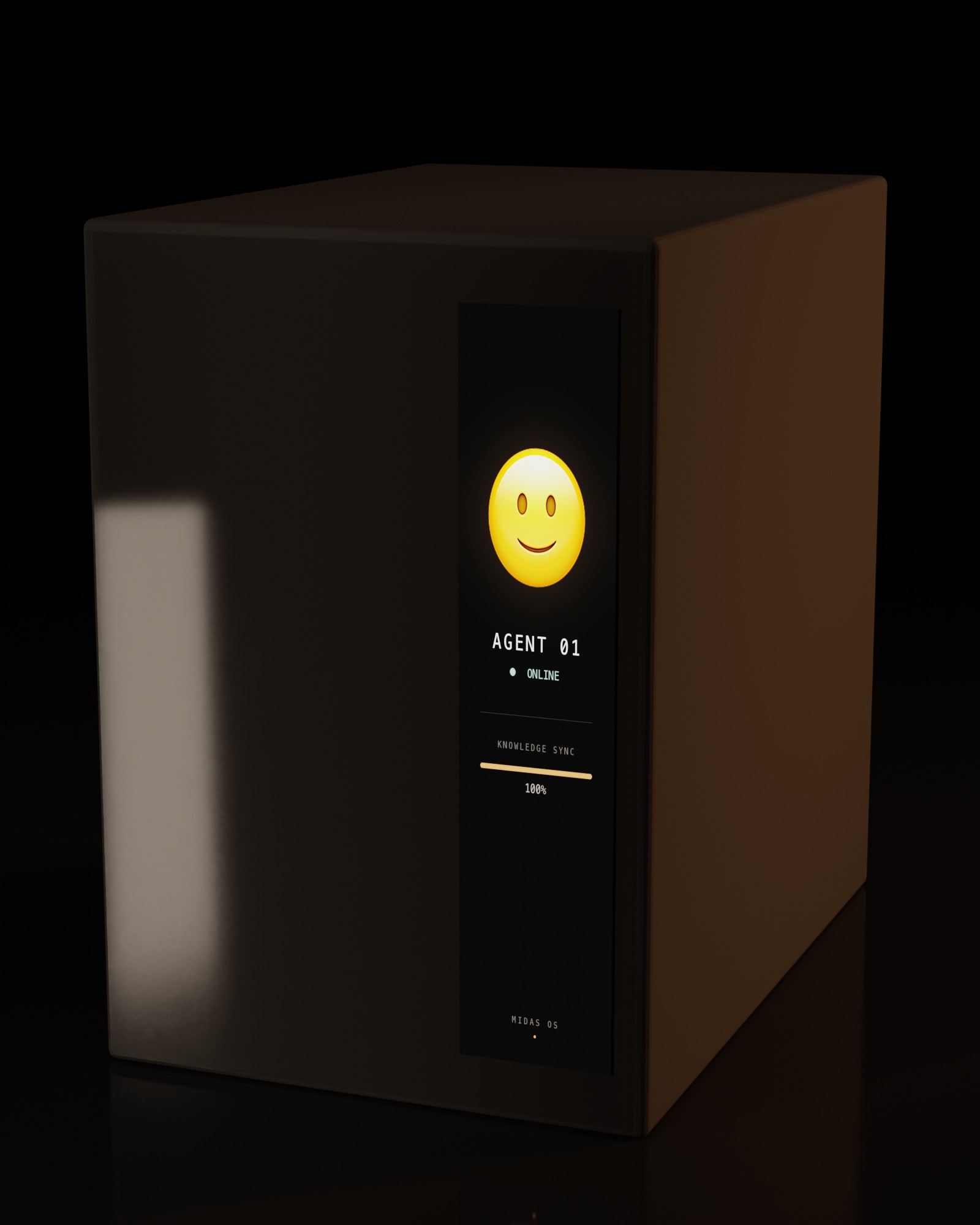 The Midas Minions device β a pitch-black tower with a glowing emoji screen