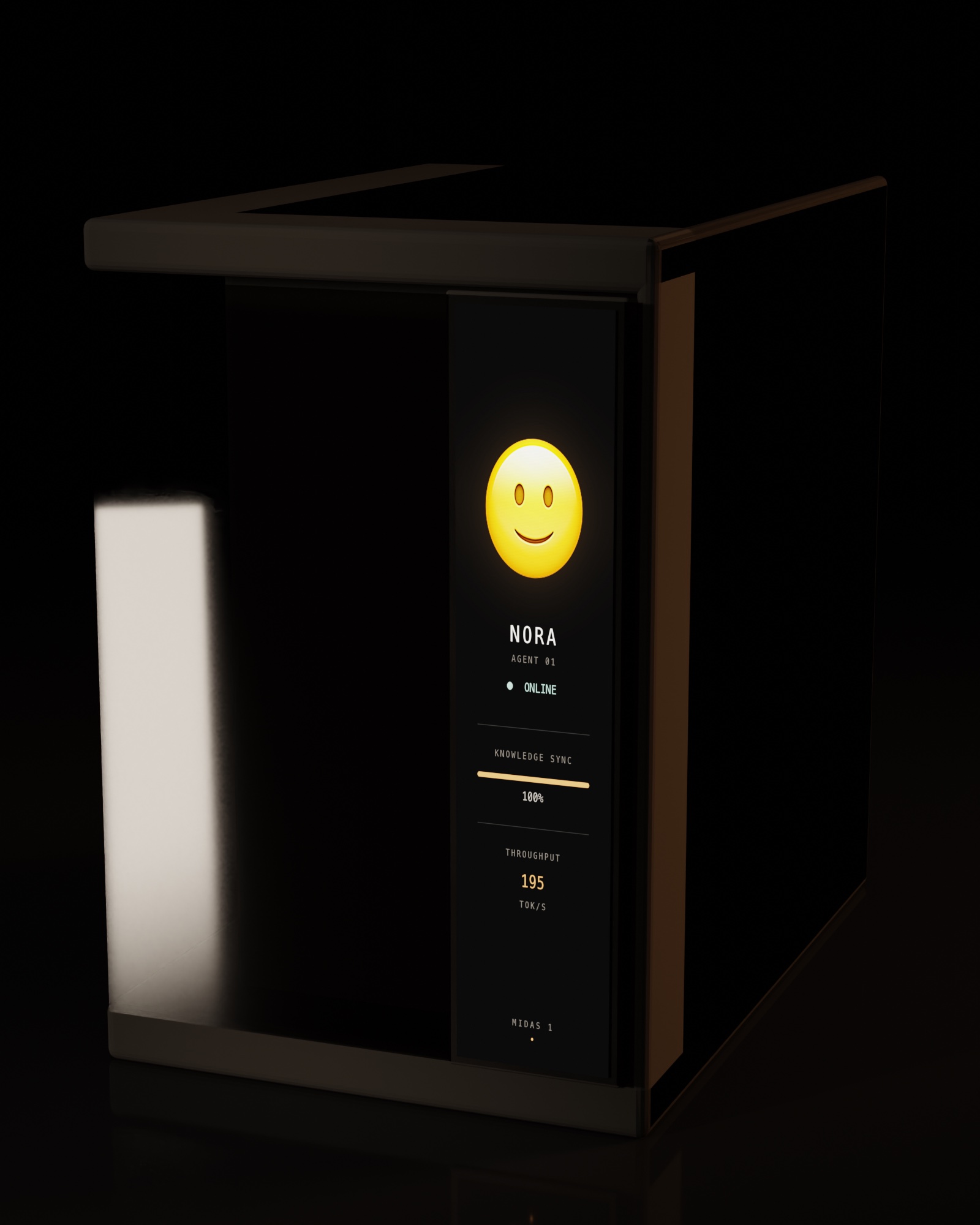 The Midas device — a pitch-black tower with a glowing emoji screen
